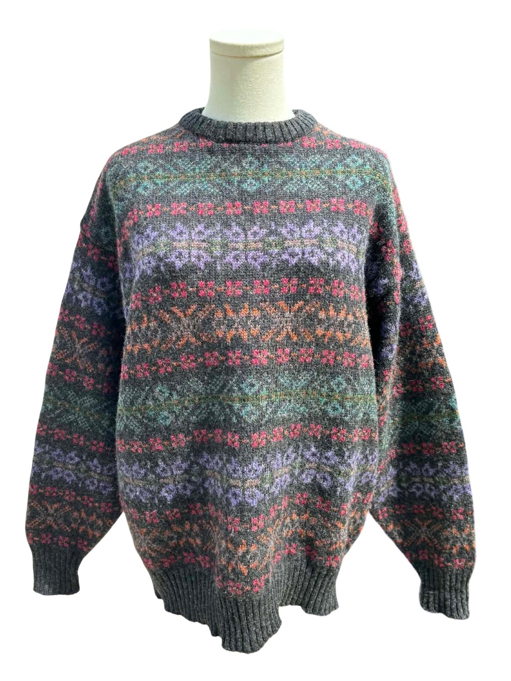 Lands End Vintage Multicolor Patterned Crewneck Sweater